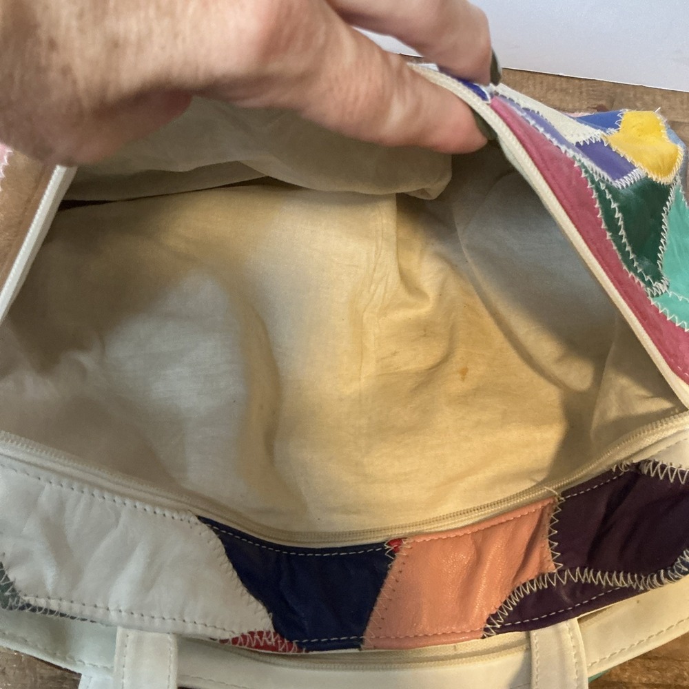 Vintage Genuine Leather Patchwork Tote Bag Multicolor Colorblock Shoulder Purse - Picture 13 of 16